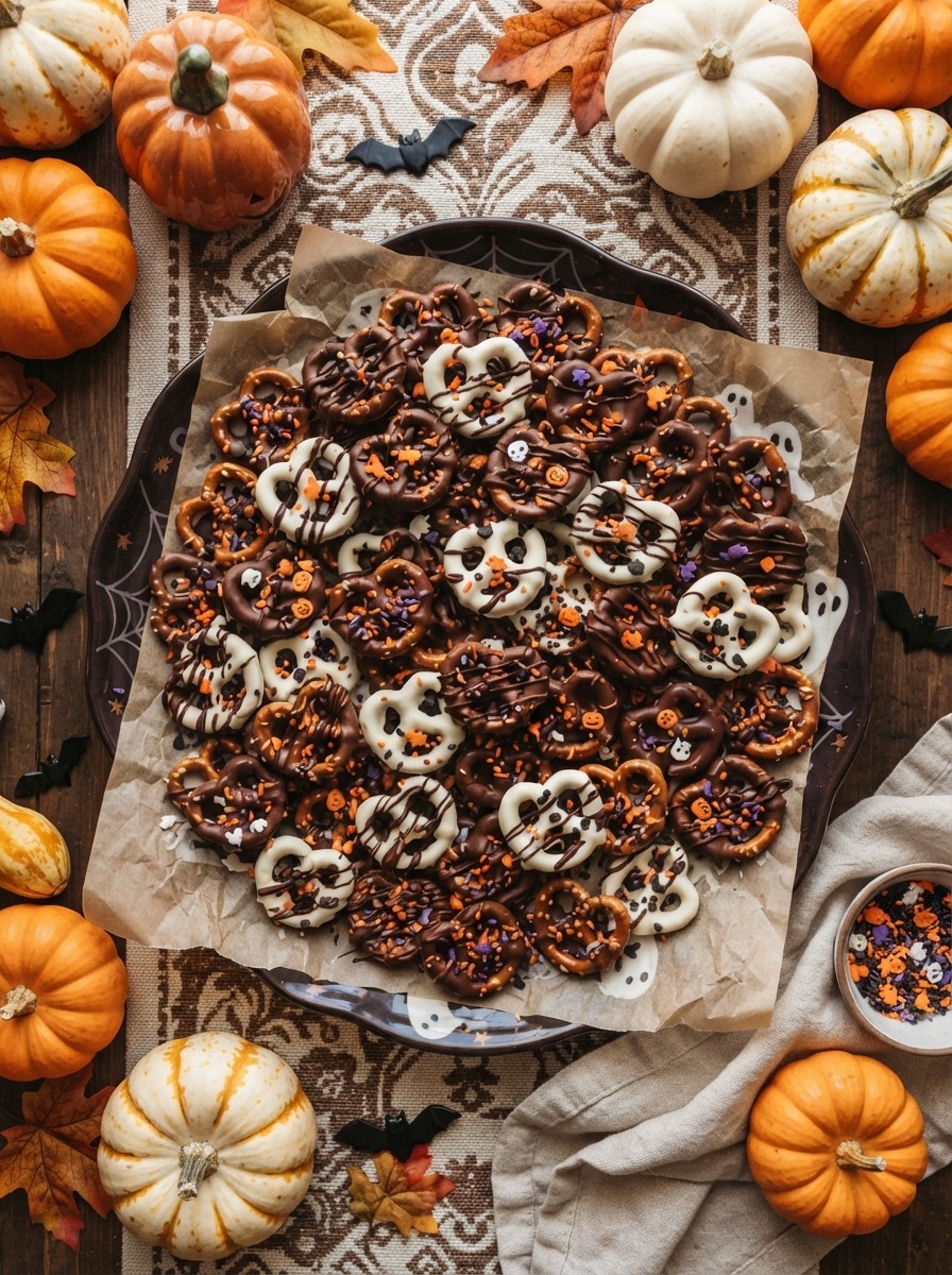 Mini pretzels dipped in dark chocolate and sprinkled with sea salt on a baking sheet.